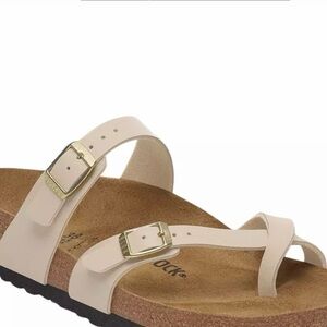 Birkenstock Beige Two-Strap Cork Footbed Sandal with Gold Buckles